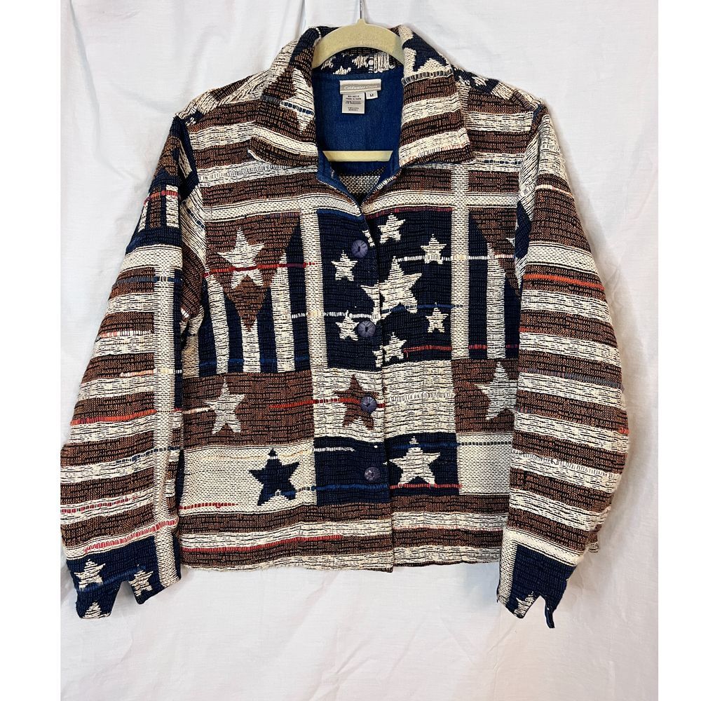 Coldwater Creek women's button up tapestry jacket flag star stripe  Size Medium‎